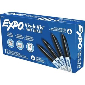 Expo 16001 Vis-a-Vis Wet Erase Marker, Fine Bullet Tip, Black, 12-Pack
