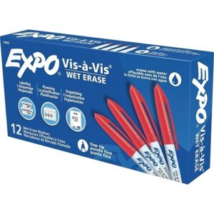 Expo 16002 Vis-a-Vis Wet Erase Marker, Fine Bullet Tip, Red, 12-Pack
