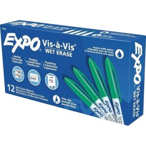 Expo 16004 Vis-a-Vis Wet Erase Marker, Fine Bullet Tip, Green, 12-Pack