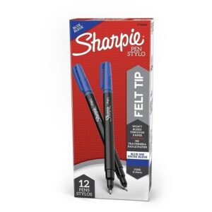 Sharpie 1742664 Water-Resistant Ink Porous Point Pen, Stick, Fine 0.4 mm, Blue Ink, Black/Blue Barrel, 12-Pack