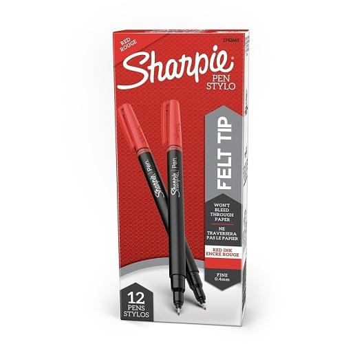 Sharpie 1742665 Water-Resistant Ink Porous Point Pen, Stick, Fine 0.4 mm, Red Ink, Black/Red Barrel, 12-Pack