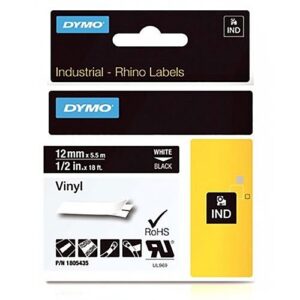 DYMO 1805435 Rhino Black Vinyl Tape, 12mm, white Text