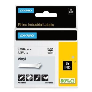 DYMO 18443 Rhino Industrial Vinyl Labels 3/8" 18', Black Text on White