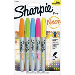 Sharpie 1860443 Neon Permanent Markers, Fine Bullet Tip, Assorted Colors, 5-Pack