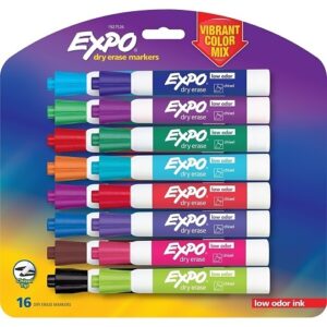 Expo 1927526 Low Odor Dry Erase Vibrant Color Markers, Broad Chisel Tip, Assorted Colors, 16-Pack