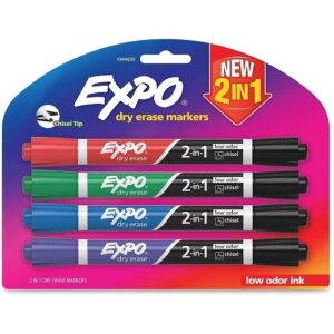 Expo 1944655 2-in-1 Dry Erase Markers, Fine/Broad Chisel Tips, Assorted Primary Colors, 4-Pack