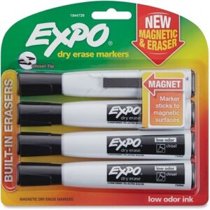 Expo 1944729 Magnetic Dry Erase Marker, Broad Chisel Tip, Black, 4-Pack