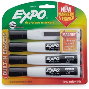Expo 1944729K Magnetic Dry Erase Markers with Eraser, Low Odor, Chisel Tip, Black, 4-Pack