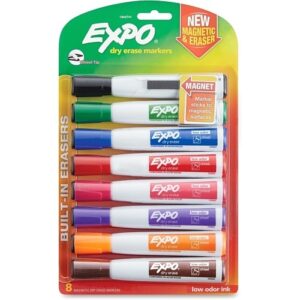 Expo 1944741 Magnetic Dry Erase Markers with Eraser, Chisel Tip, Assorted Colors, 8-Pack
