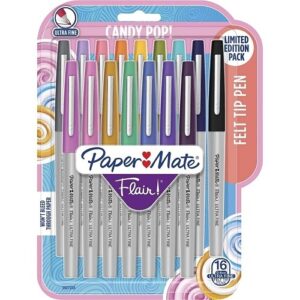 Paper Mate 2027233 Flair Felt Tip Pens, Ultra Fine Point, 0.4mm, Fashion Assorted Colors, 16-Pack
