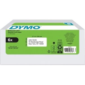 DYMO 2050764 Label Maker, 1" x 2-1/8" White Multi-Purpose Labels, 500 Count, 6-Pack