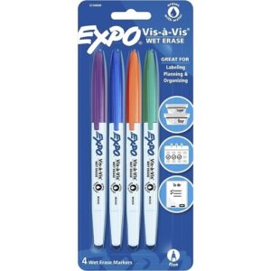 Expo 2134049 Vis a Vis, Low Odor Wet Erase Markers, Fine Point, Assorted Fashion Colors, 4-Pack