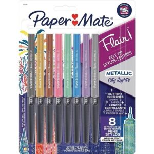 Paper Mate 2134319 Flair Felt Tip Pens, Metallic City Lights, Medium Point, 0.7mm, Assorted Colors, 8-Pack