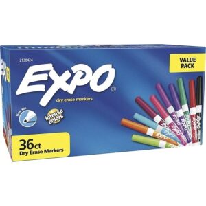 Expo 2138424 Low Odor Dry Erase Markers, Fine Tip, Vibrant Assorted Colors, 36-Pack