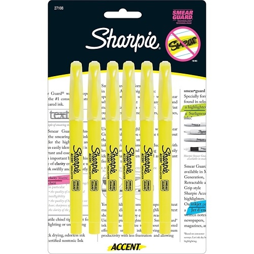 Sharpie 27108PP Pocket Highlighters, Chisel Tip, Yellow, 6-Pack