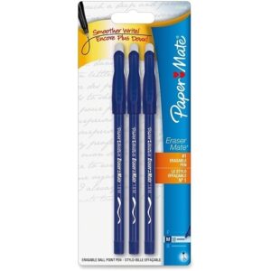 Paper Mate 3150458PP Eraser Mate Stick Ballpoint Pen, Medium, 1.00m, Blue, 3-Pack