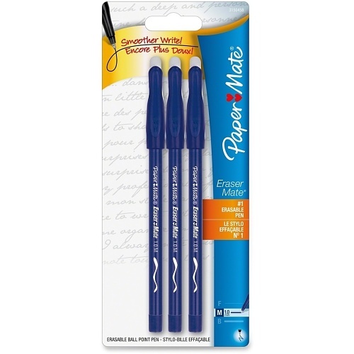 Paper Mate 3150458PP Eraser Mate Stick Ballpoint Pen, Medium, 1.00m, Blue, 3-Pack
