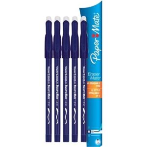 Paper Mate 3153558PP Eraser Mate Stick Ballpoint Pen, Medium, 1.00m, Blue, 5-Pack