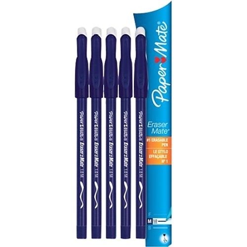 Paper Mate 3153558PP Eraser Mate Stick Ballpoint Pen, Medium, 1.00m, Blue, 5-Pack