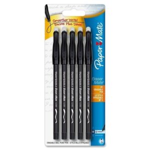 Paper Mate 3163558PP Eraser Mate Stick Ballpoint Pen, Medium, 1.0mm, Black, 5-Pack
