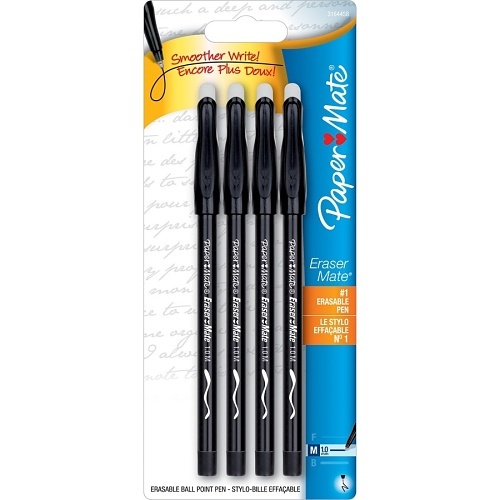 Paper Mate 3164458PP Eraser Mate Stick Ballpoint Pen, Medium, 1.00m, Black, 4-Pack