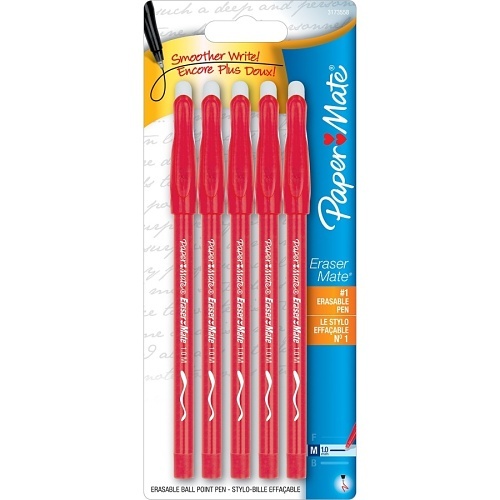 Paper Mate 3173558PP Eraser Mate Stick Ballpoint Pen, Medium, Red, 5-Pack
