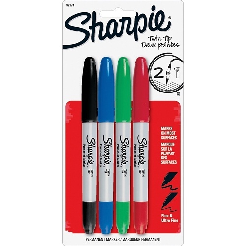 Sharpie 32174PP Permanent Markers, Twin Tip, Assorted Colors, 4-Pack