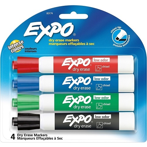 Expo 80174 Low Odor Dry Erase Markers, Chisel Tip, Assorted Colors, 4-Pack