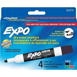 Expo 82074 Low Odor Dry Erase Markers, Bullet Tip, Black, 4-Pack