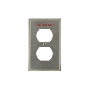 Leviton 84003-E40 1-Gang Duplex Wallplate, Standard Size, Device Mount, Red 'EMERGENCY' Lettering, Non-Magnetic Stainless Steel