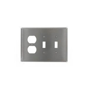 Leviton 84121-40 3-Gang 302 Stainless Steel Wall Plate, 2 Toggle Switches and 1 Duplex Outlet, Oversized