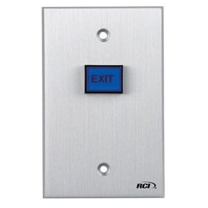 RCI 970 Illuminated Exit Push Button, Narrow with Blue Lens, Momentary, Brushed Anodized Aluminum