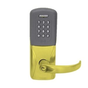 Schlage AD-300-CY-60-MT-SPA-605-P6-RH 6-Pin Conventional Key-In-Lever Cylinder Multi-Technology Networked Hardwired Electronic Lock, Sparta Lever, Right-Handed, Bright Brass