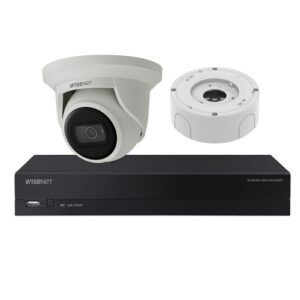 Hanwha ARK-AE44012R Kit with 1x ARN-410S-2TB Wisenet A Series 4-Channel 4K PoE with 2TB, 4x ANE-L6012R 2MP Wisenet Super-Compact IR Flateye Camera and 4x SBV-A14B Back Box, White