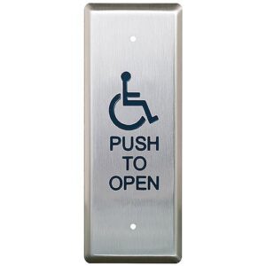 Camden CM-25/4 Narrow Push Plate Switch, Vertical Mounting, 'WHEELCHAIR' Symbol and 'Push to Open', Blue