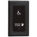Camden CM-336/42 SureWave Battery Powered, 915Mhz. Wireless Touchless Switch, Single Gang, Black Faceplate, Hand Icon, Wheelchair and Wave to Open Graphics