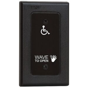 Camden CM-336/42 SureWave Battery Powered, 915Mhz. Wireless Touchless Switch, Single Gang, Black Faceplate, Hand Icon, Wheelchair and Wave to Open Graphics