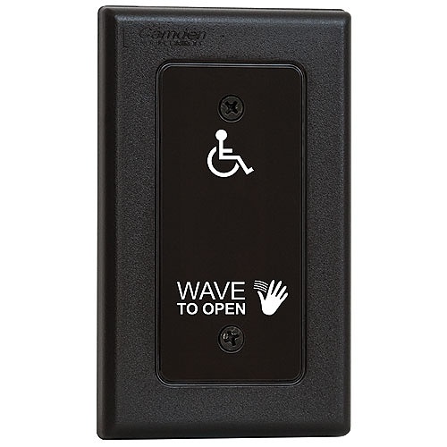 Camden CM-336/42 SureWave Battery Powered, 915Mhz. Wireless Touchless Switch, Single Gang, Black Faceplate, Hand Icon, Wheelchair and Wave to Open Graphics