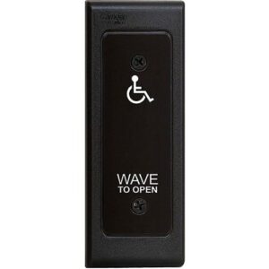 Camden CM-336/42N SureWave Battery Powered, 915Mhz. Wireless Touchless Switch, Narrow, Black Faceplate, Hand Icon, Wheelchair and Wave to Open Graphics