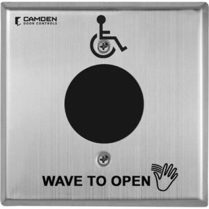 Camden CM-336/42SW SureWave Battery Powered, 915Mhz. Wireless Touchless Switch, Double Gang Stainless-Steel Faceplate, Hand Icon and Wave to Open Graphics