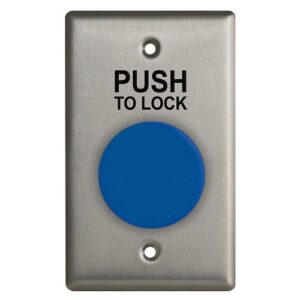 Camden CM-420B/8 Single Gang Faceplate, N/O and N/C Contacts, Blue Button with 'Push to Lock', Black Text