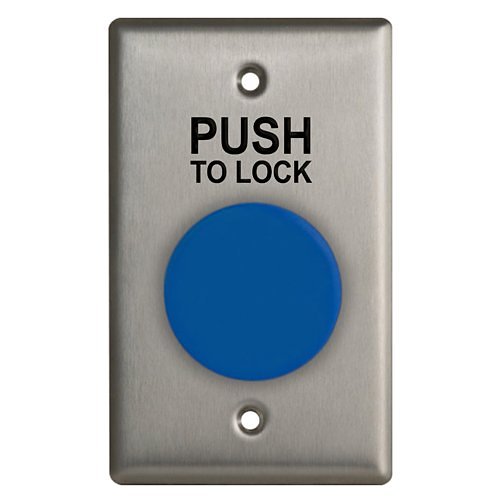 Camden CM-420B/8 Single Gang Faceplate, N/O and N/C Contacts, Blue Button with 'Push to Lock', Black Text