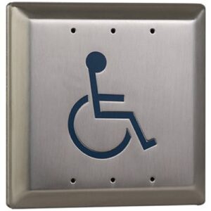 Camden CM-45/2 1/2" Square Push Plate Switch, Concealed Screws, 'WHEELCHAIR' Symbol, Blue