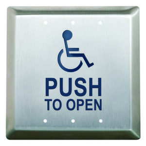 Camden CM-45/4 1/2" Square Push Plate Switch, Concealed Screws, 'WHEELCHAIR' Symbol and 'Push to Open', Blue