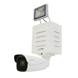 Speco DD2 4MP Bullet IP Camera with Digital Deterrent Alert Box and Siren, Built-in Flood Light, 2.8-12mm Motorized Lens, White