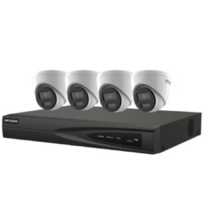 Hikvision EKI-K41T44C Value Express Series ColorVu 5-Piece IP Kit, (4) DS-2CD1347G2-LUF 4MP Turret IP Camera, 2.8mm Lens, White, (1) ERI-K104-P4 4K 4-Channel NVR, 1TB HDD, Black