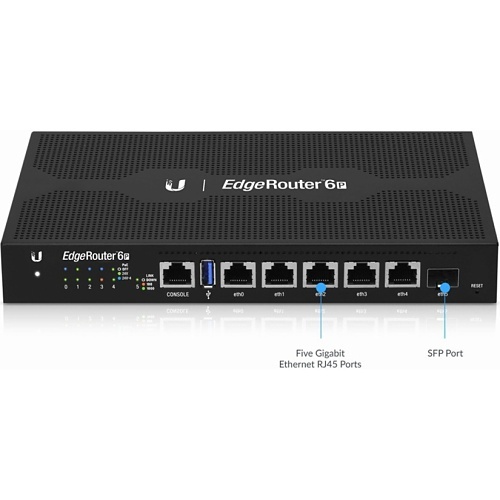 Ubiquiti ER-6P Fanless Router with Four-Core, 1 GHz MIPS64 Processor, 5-Port Gigabit RJ45 and 1-Port SFP