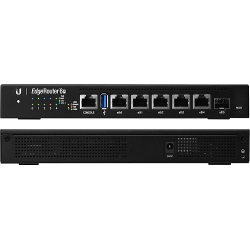 Ubiquiti ER-6P Fanless Router with Four-Core, 1 GHz MIPS64 Processor, 5-Port Gigabit RJ45 and 1-Port SFP