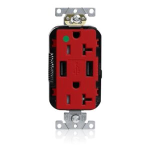 Leviton M58AA-HGR Lev-Lok Tamper-Resistant USB Receptacle, Type A/A, 20A, 125V, Hospital Grade, Red