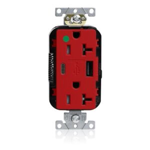 Leviton M58AC-HGR Lev-Lok Tamper-Resistant USB Receptacle, Type A/C, 20A, 125V, Hospital Grade, Red